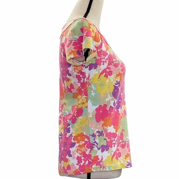 RAFAELLA Allover Multicolored Floral Print Short Sleeve T-Shirt Blouse - Picture 4 of 11
